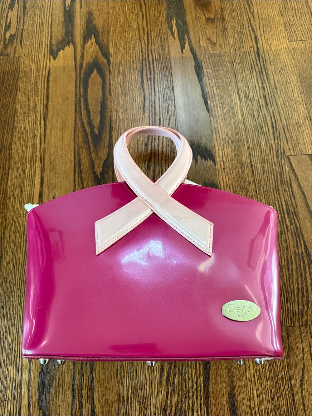 Beijo Women’s Hot Pink Patent Tote with Light Pink Ribbon Handles